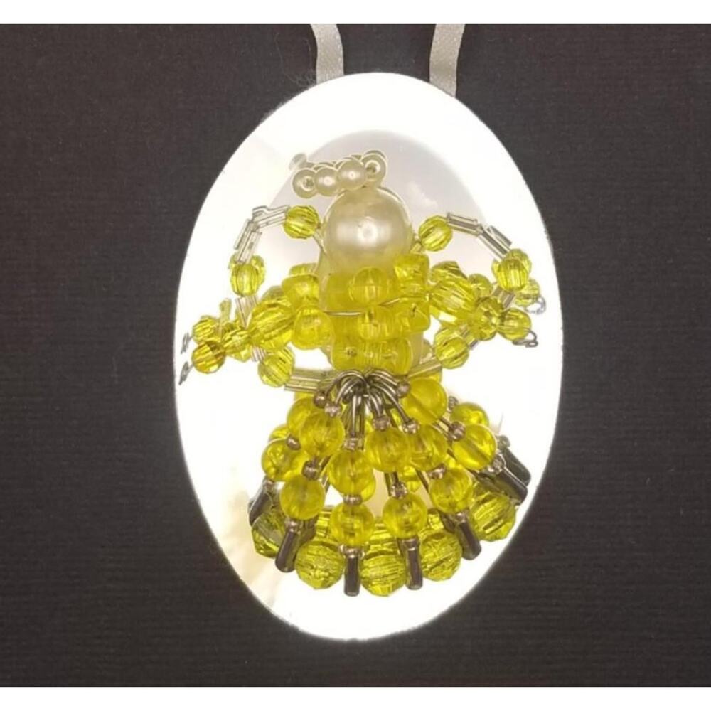 Vintage Yellow Beaded Angel Ornament Mirror 3"Pearl Handmade Safety Pins